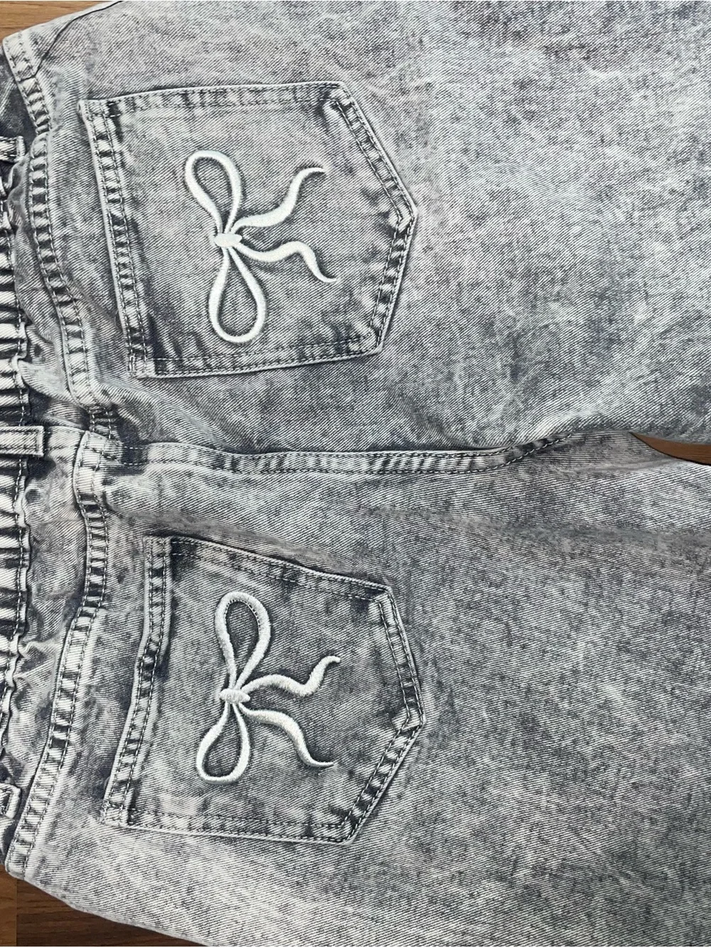 SHEIN Gray Acid-Wash Jeans with Red Cherry Embroidery